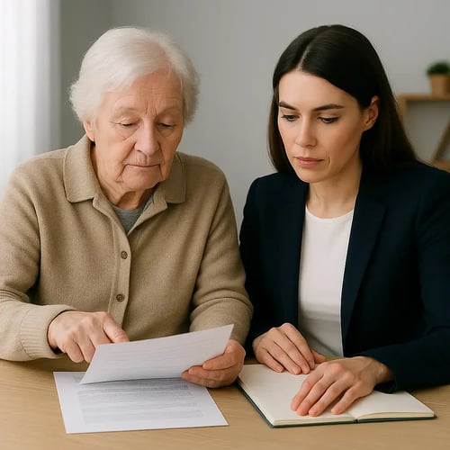 elderly woman reviewing documents with young woman elderly woman reviewing documents with young woman